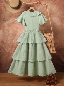 SHEIN Tween Girls Wildeya Ruffle Neck & Hem Layered Dress In Grayish Green, Suitable For Outdoor Activities, Daily Theme Events, Vacation, Music Festival Parties And Other Social Occasions