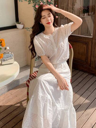 DAZY Women 2 Pieces Set: Hollow-Out Embroidered Round Neck Puff Sleeve Blouse & Skirt Lounge Sets For Women Short Sets For Women