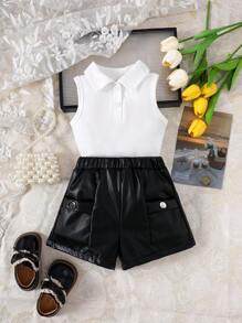 2pcs/Set,Baby Girl Spring&Summer Street Style,Sleeveless ,Open Half Collar Top&Leather Short Pants