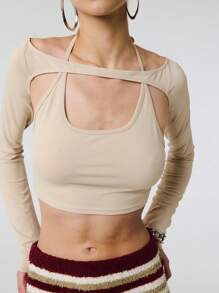 SHEIN Unity 2 In 1 Solid Hollow Out Tie Neck Long Sleeve Top Fall Cloth For Women - Khaki - View 4