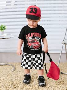 2pcs/Set Baby Boy Casual Urban Chic Black & White Striped Racing Car Pattern Oversized Drop Shoulder Hoodie Tee And Checkerboard Pants Outfit Suitable For Outings, Daily Occasions, Spring/Summer - Black - View 6