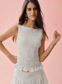 Enchnt 女士纯色褶皱圆领休闲背心 - 白色 - 查看 5