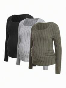 SHEIN 3 piezas Camiseta de punto acanalado de cuello redondo para maternidad de manga larga - Multicolor - Ver 18