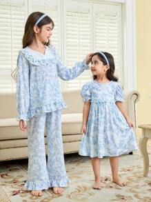 年轻女孩花卉图案圆领短袖柔软舒适休闲睡袍兄弟姐妹装（2 套单独出售） - 藍白色 - 查看 5