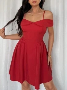 Chiquease Fashionable Off Shoulder Ruched Waist Mini Dress, Versatile For Daily Wear - Red - View 6