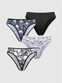 ROMWE 4pcs Set Gothic Punk Skull Rose Milk Silk Thong Panties - Black - View 2