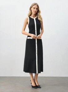 BizChic Women's Black & White Contrast Color Casual Everyday Dress, Minimalist Design For Work