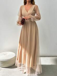 EURMUSE Dor Jacquard Sleeve Detailed Beige Long Dress For Going Out - Beige - View 5