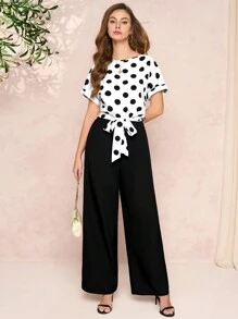 SHEIN Clasi 圆点印花上衣和纯色裤子优雅连身裤，简约设计 - 黑與白 - 查看 5