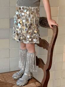 DAZY 少女时尚亮片装饰半身裙，夏季 - 銀色 - 查看 2