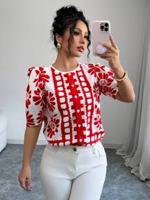 Rafferiza Women's Casual Loose Floral Print Crew Neck Short Sleeve Blouse-Style Shirt - Red - View 3