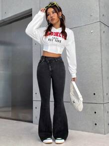SHEIN EZwear 女式前扣口袋设计休闲喇叭牛仔裤 - 黑色 - 查看 3