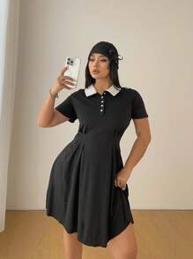 Flirla Plus Size Casual Colorblock Collar Short Sleeve Dress - Black and White - View 6