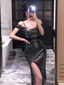 DAZY Black And Gold Winter Night Out Party Sheer Mesh Sequins Bodycon Off Shoulder High Slit Midi Evening Dress,Women Prom Homecoming Sparkly Outfit - Black - View 3