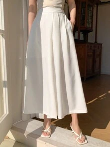 DAZY 女士纯色宽松七分阔腿裤，休闲办公装，夏季 - 白色 - 查看 1