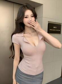 DAZY Women's Slim Fit V-Neck Short Sleeve Knit Top - Apricot - View 3