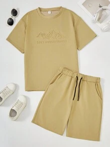 2pcs/Set Teen Boys Summer Streetwear Outfit,Mountain Peak Letter 3D Embossed Print Round Neck Short Sleeve T-Shirt And Drawstring Waist Shorts Set - Khaki - View 8