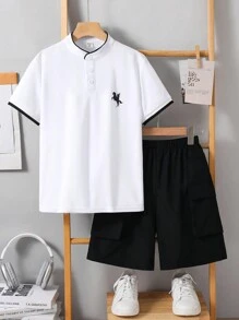 SHEIN Leap Crew 2pcs/Set Tween Boy Summer Casual Short Sleeve T-Shirt And Shorts Set - White - View 7