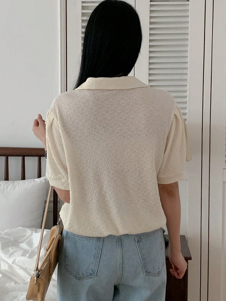 Women Textured Fabric Collared Puff Sleeve Short Sleeve Pullover Blouse, Spring/Summer