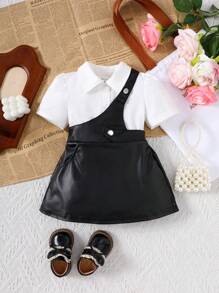 2pcs/Set Baby Girl Spring&Summer Street Style ,Pure Cplor Polo Top&Imitate Leather Skirt - Black and White - View 1