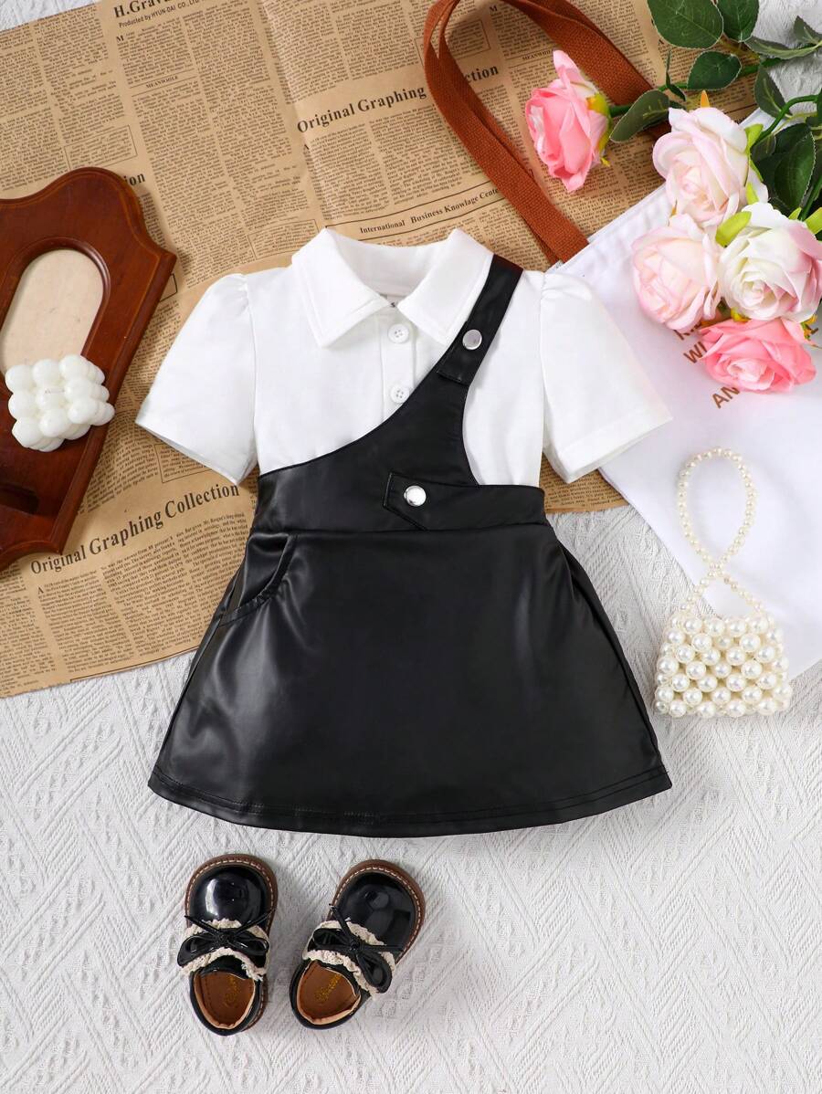 2pcs/Set Baby Girl Spring&Summer Street Style ,Pure Cplor Polo Top&Imitate Leather Skirt - Black and White - View 1