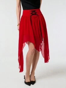 SHEIN Unity Jupe mi-longue rouge à taille haute avec volant et lacets contrastés en avant