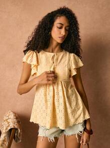 Poéselle Damen Bluse mit Blumenstickerei, Fransen-Schlupfkragen und Rüschenärmeln