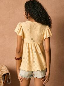 Poéselle Damen Bluse mit Blumenstickerei, Fransen-Schlupfkragen und Rüschenärmeln