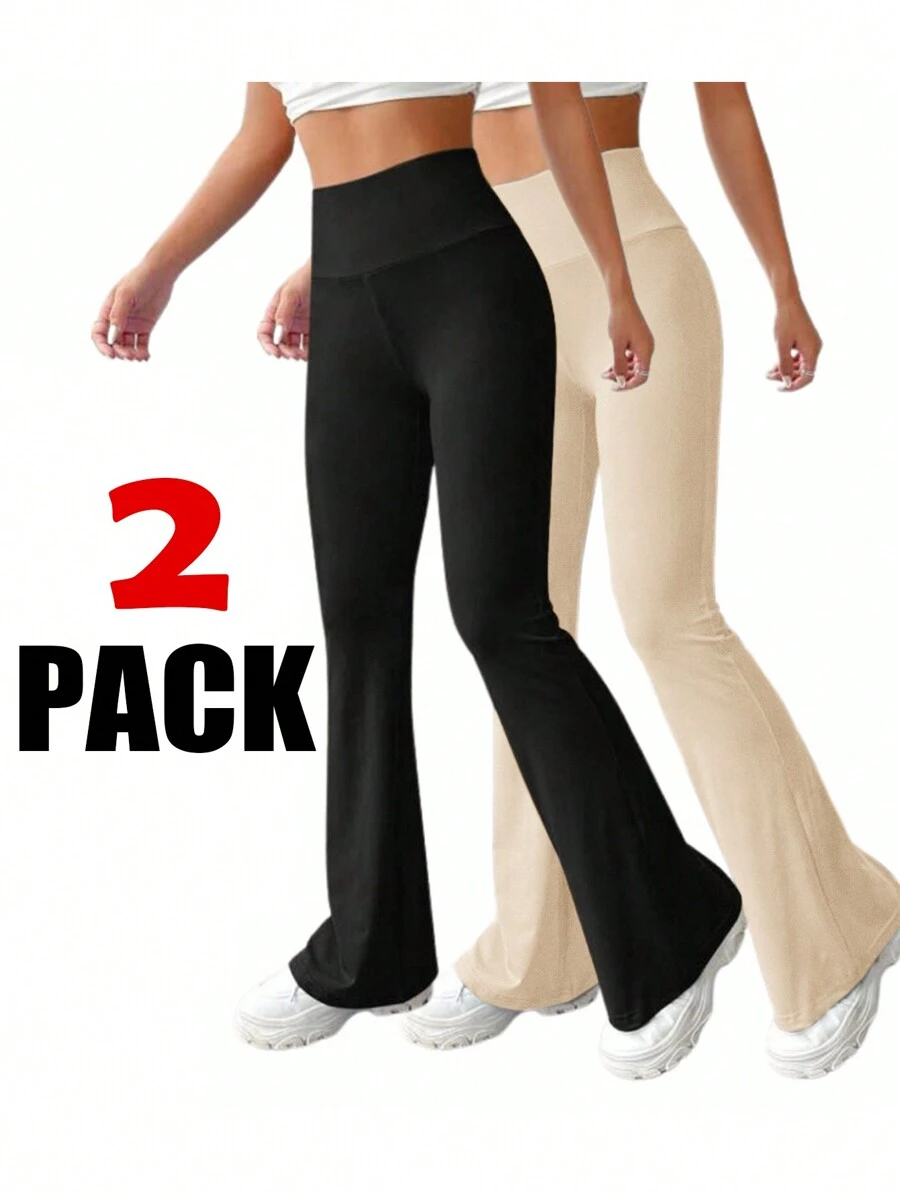 SHEIN Essnce 2 件套女式高腰紧身喇叭腿打底裤，黑色和灰色 - 彩色 - 查看 1