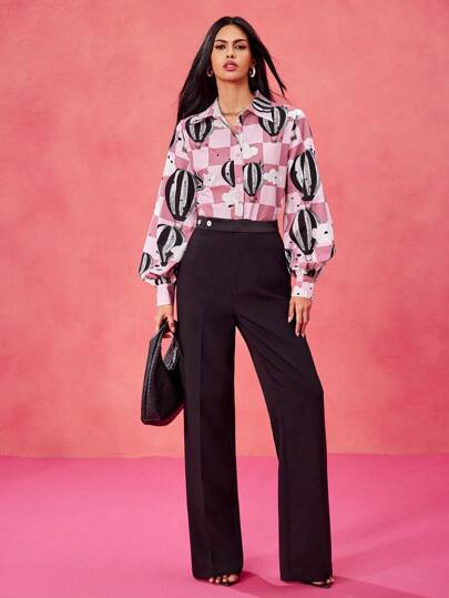 SHAQUITA GARCIA Camicia con maniche a lanterna, stampa a quadri, stile palloncino, casual elegante, adatta per festival e ufficio
