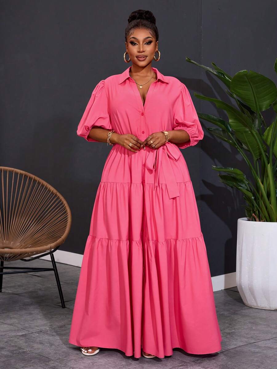 Slaydiva فستان ماكسي بأكمام قصيرة وخط A برزنتة مجعدة باللون الصلب للنساء ذوات الحجم الكبير موديل 2025 الجديد للربيع - روز أحمر - مشاهدة 1