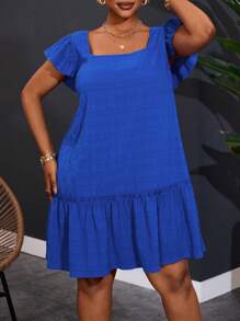 Slaydiva Women Plus Size Square Neckline Cap Sleeve Casual Work Vacation A-Line Dress