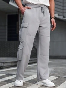 Manfinity CasualCool 男士多口袋设计直筒宽松休闲工装裤，工装裤，白色男士裤子 - 灰色 - 查看 1
