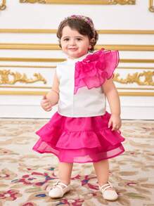 SHEIN Babygirl 优雅可爱荷叶边下摆拼色上衣和迷你裙套装，夏季 - 金色 - 查看 5