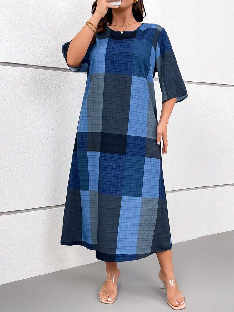 Linhara Plus Size Women Plaid Digital Print Round Neck 3/4 Sleeve Mid-Long Casual/Resort Dress, Spring/Summer - Multicolor - View 5