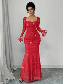 Rafferiza Elegant Party Asymmetric Neck Pleated Front & Side Bodycon Mermaid Hem Long Sleeve Flare Cuff Dress For Women In Black, Autumn/Winter, Jacquard Knit Mesh Fabric With Silver Foil Maxi Women Outfit Fall Cloth For Women - Red - View 3