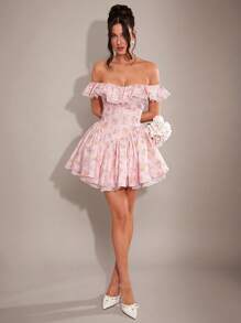 SHEIN BAE 优雅甜美浪漫荷叶边蕾丝露肩紧身泡泡袖连衣裙，适合春秋冬季，粉色碎花，公主裙，情人节，派对，约会，伴娘，舞会，工作，生日礼物 - 粉色 - 查看 3