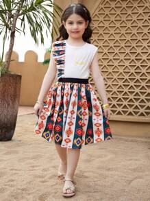 2pcs/Set Girl (Small) Crew Neck Sleeveless Simple Top And Mini Skirt - Multicolor - View 5