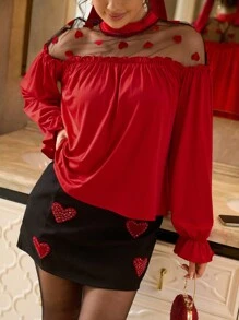 Elenzga 女式心形网眼拼布喇叭袖 T 恤，红色，适合春季派对、新年、情人节 - 紅色 - 查看 6