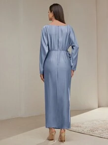 Veilorie 女士优雅纯色蝙蝠袖系腰连衣裙 - 霧霾藍 - 查看 2