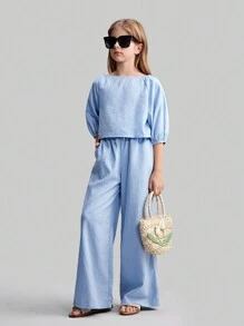 Maija Kids Maija Kids Tween Girls 2 Pieces Set: Loose Casual Shirt & Wide Leg Pants - Blue - View 1