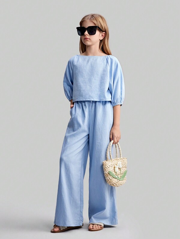 Maija Kids Maija Kids Tween Girls 2 Pieces Set: Loose Casual Shirt & Wide Leg Pants