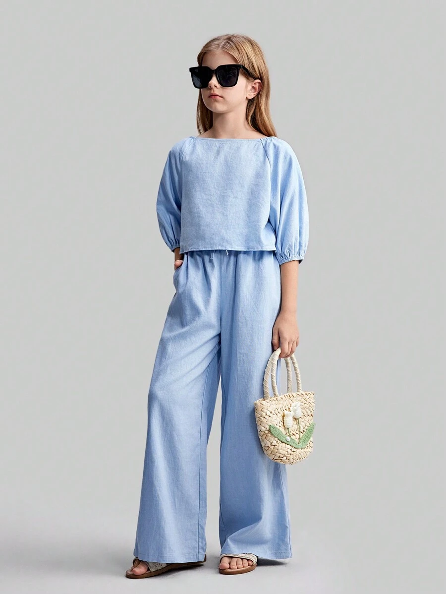 Maija Kids Maija Kids Tween Girls 2 Pieces Set: Loose Casual Shirt & Wide Leg Pants - Blue - View 1