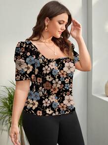 SHEIN Privé 花卉图案女式加大码短袖方领 T 恤，适合夏季 - 黑色 - 查看 3