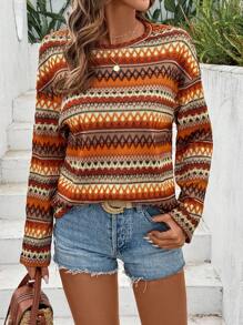 Breezaya Bohemian Style Striped Women's Casual Long Sleeve T-Shirt Fall Cloth For Women - Multicolor - View 6