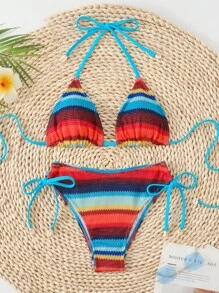 Slaydiva Women's Striped Halter Tie-Back Beachwear 2 Pieces Bikini Swimwear Set, For Summer Vacation - Multicolor - View 4
