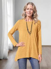 Miaspire Áo thun nữ cổ tròn tay dài đơn giản, mặc thường ngày - Màu vàng - Xem 5