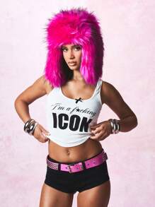 SUMWON WOMEN Icon Statement Tank Top Sleeveless Crop Fashion Text Print Ribbed Summer Festival Club Party Dance Tank - White - View 1