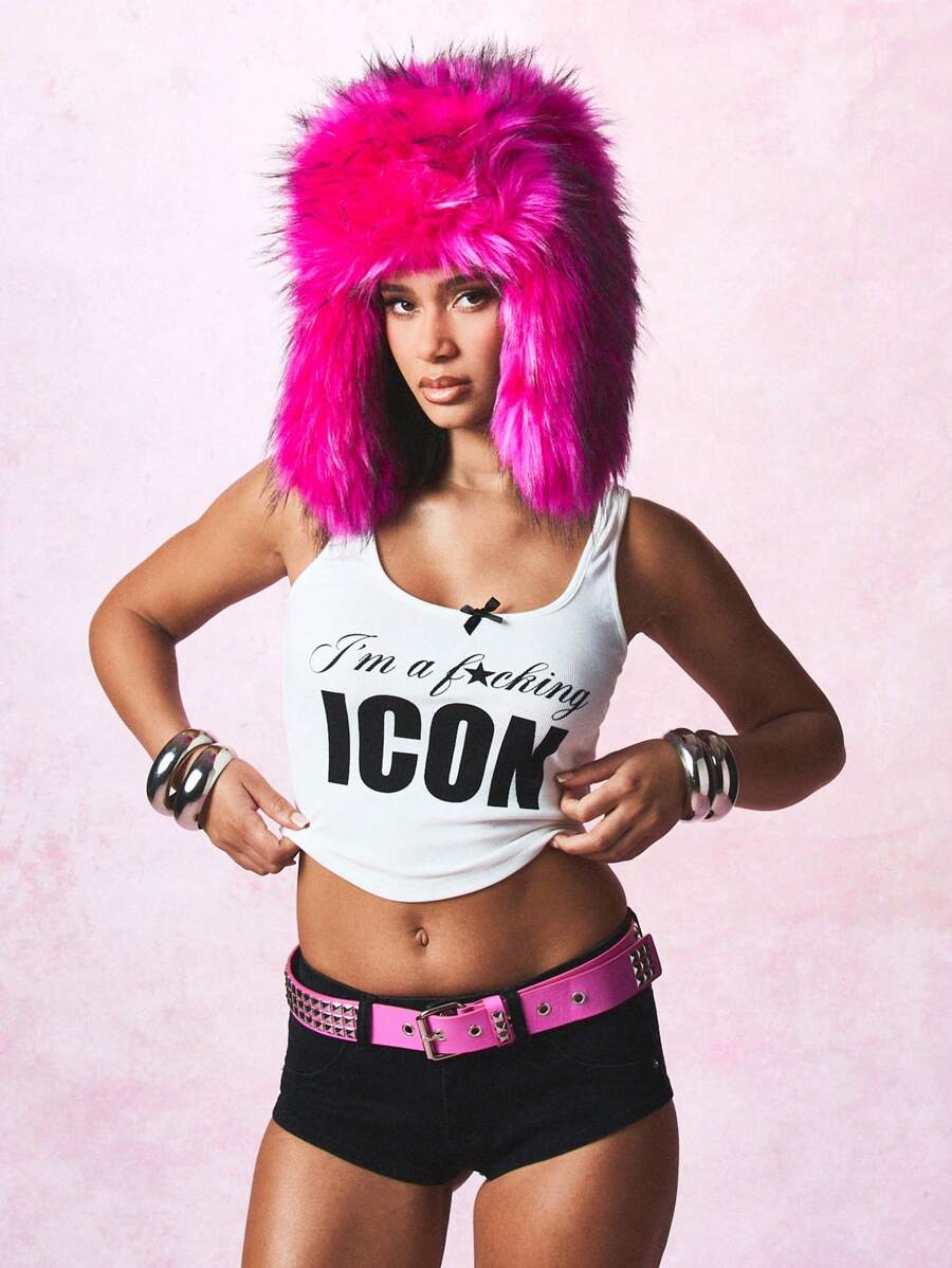 SUMWON WOMEN Icon Statement Tank Top Sleeveless Crop Fashion Text Print Ribbed Summer Festival Club Party Dance Tank - White - View 1