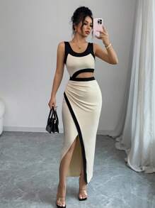 Selianne Vestido largo asimétrico con hombro y cintura recortados, sensual y elegante